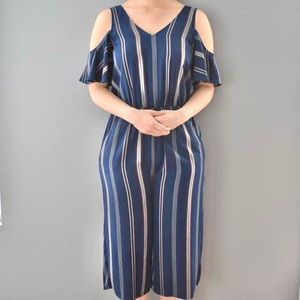 Eyeshadow Blue & Red Vertical Striped Cold Shoulder Long Jumper Pantsuit